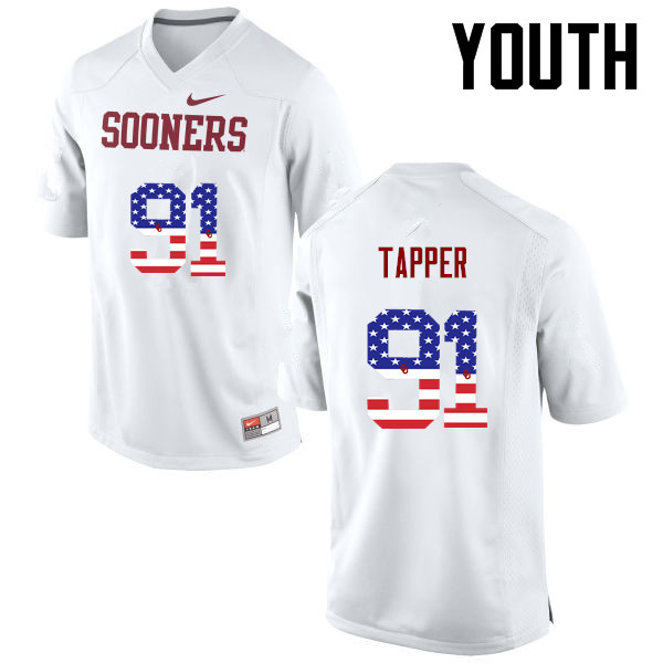 Youth Oklahoma Sooners #91 Charles Tapper College Football USA Flag Fashion Jerseys-White - Click Image to Close